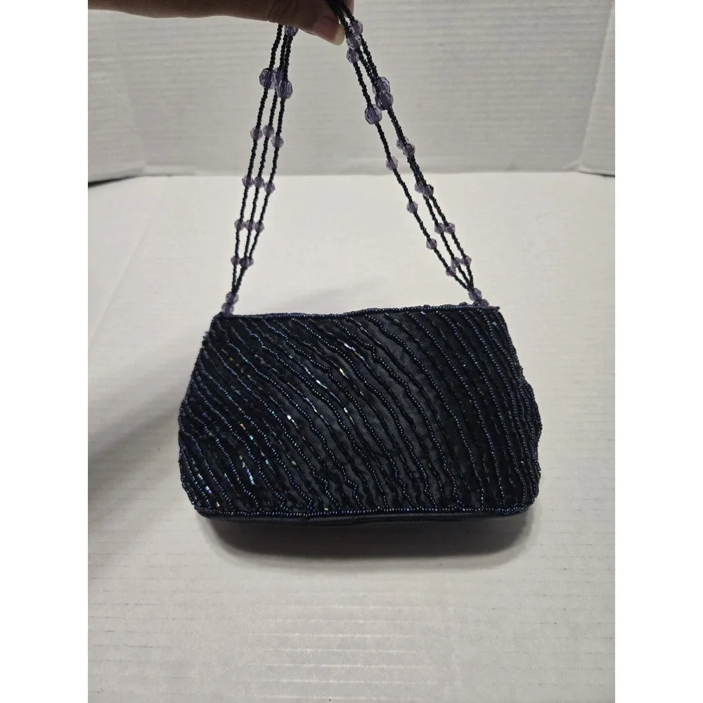 HANDCRAFTED BLUE PLEATED‎ BAG w/ BEAD DECORATION AND BEAD HANDLE EVENING HANDBAG